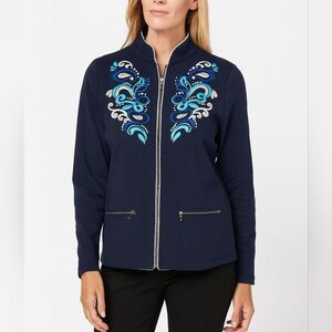 Boston Proper Sport Navy Blue Intricate Embroidery Long Sleeve Full Zip Jacket